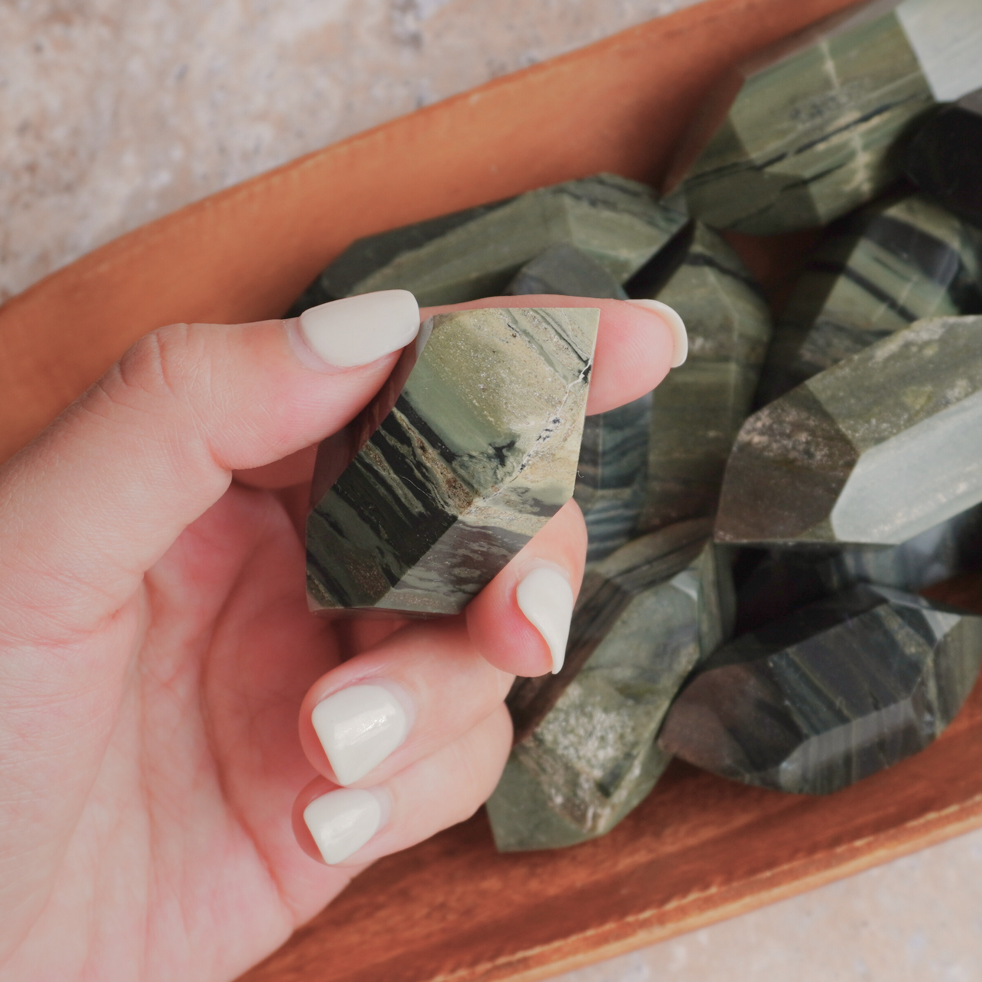 Healing Green Zebra Jasper crystal, ideal for stress relief, mental clarity, and chakra alignment.