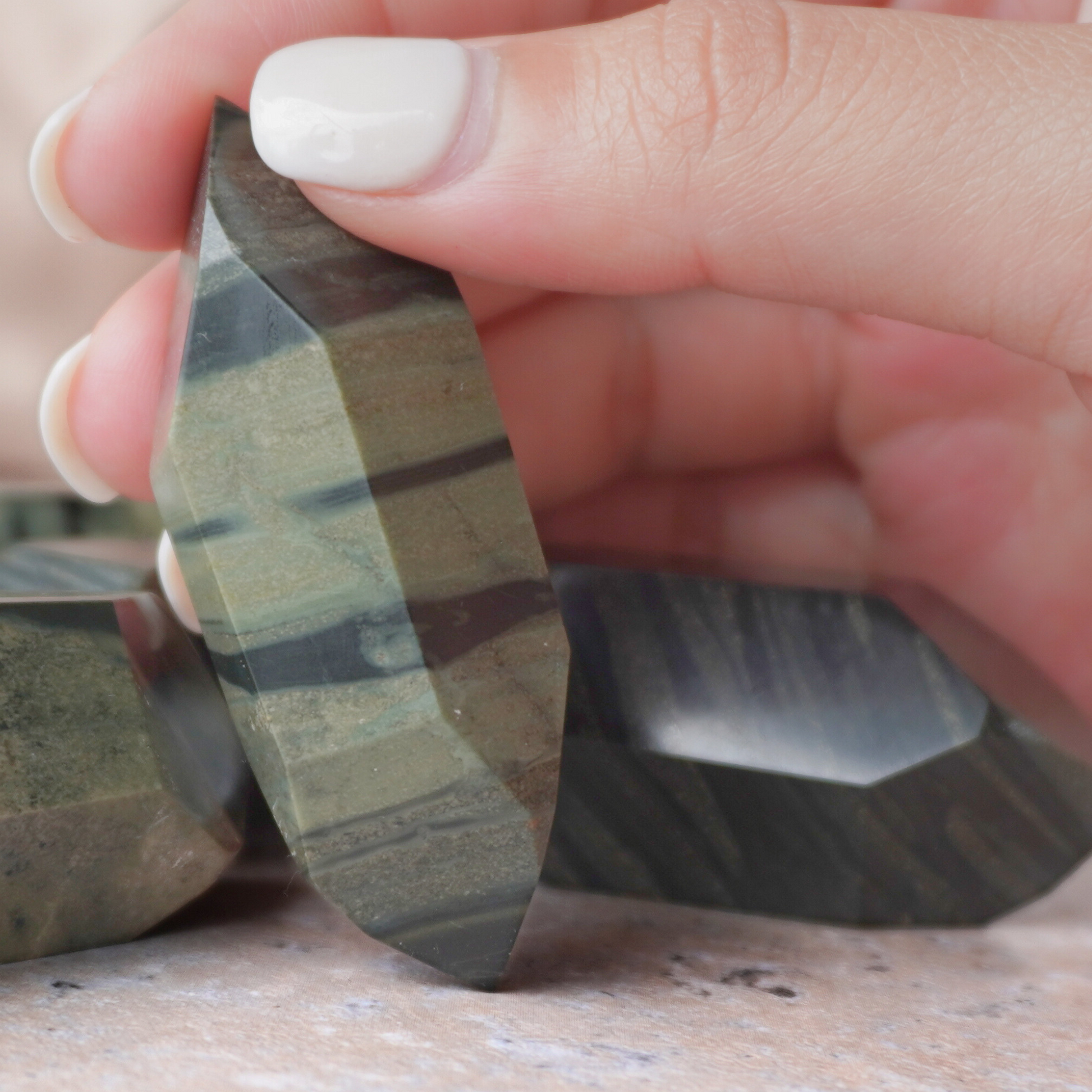 Polished Green Zebra Jasper healing crystal for emotional healing, resilience, and connection to Earth’s energy.