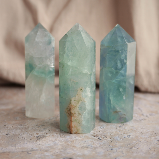 Natural Fluorite Healing Tower for mental clarity, focus, and stress relief. Perfect for meditation and workspaces.