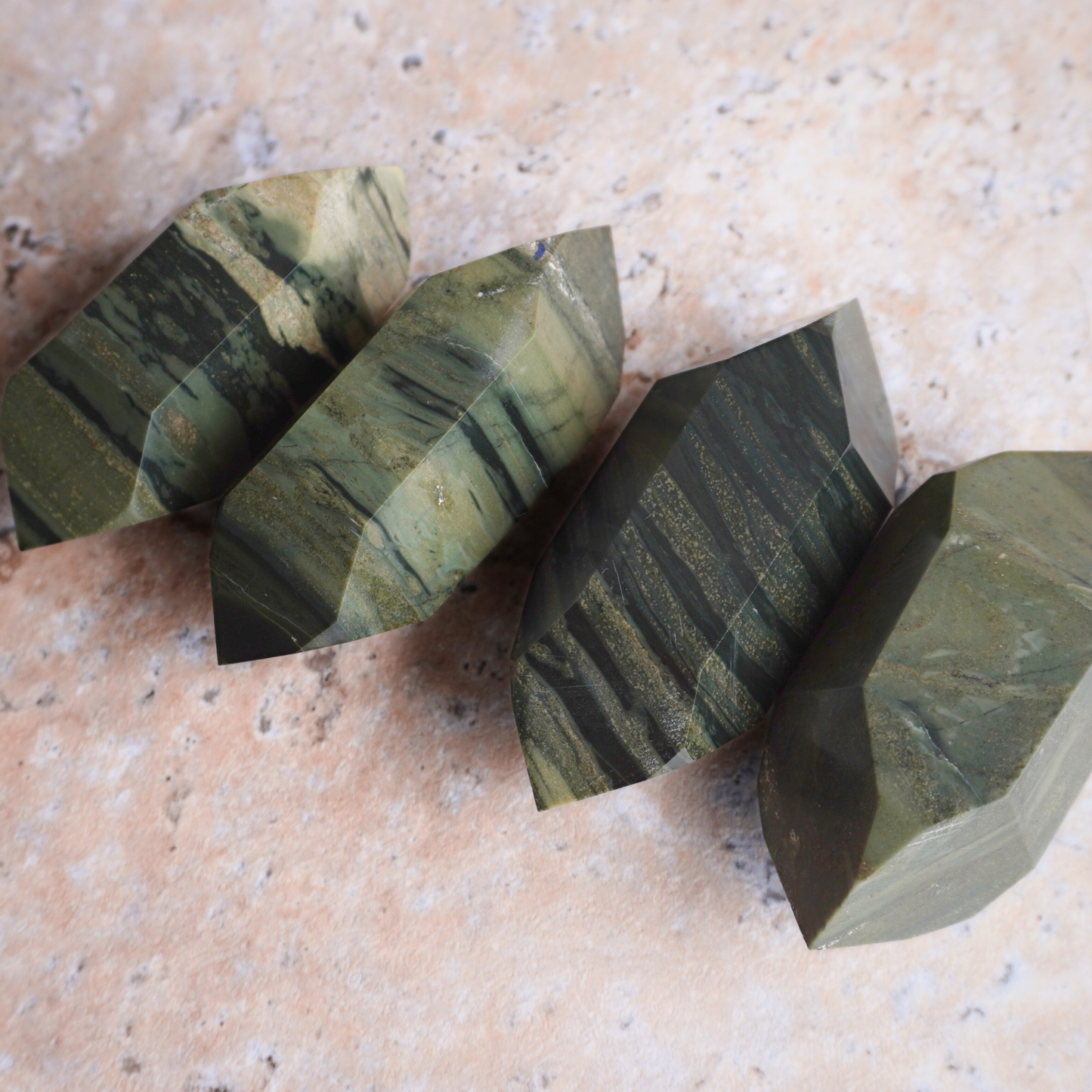 Green Zebra Jasper crystal for absorbing negativity and promoting emotional strength and balance.