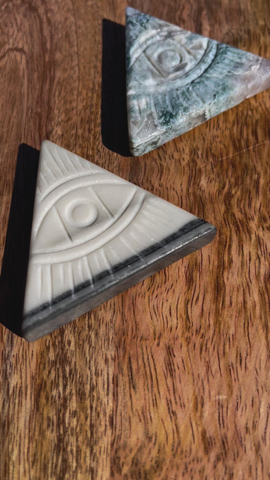 Sacred Symbolism: Eye of Providence Carving in Moss Agate and Taiji Jasper Crystal