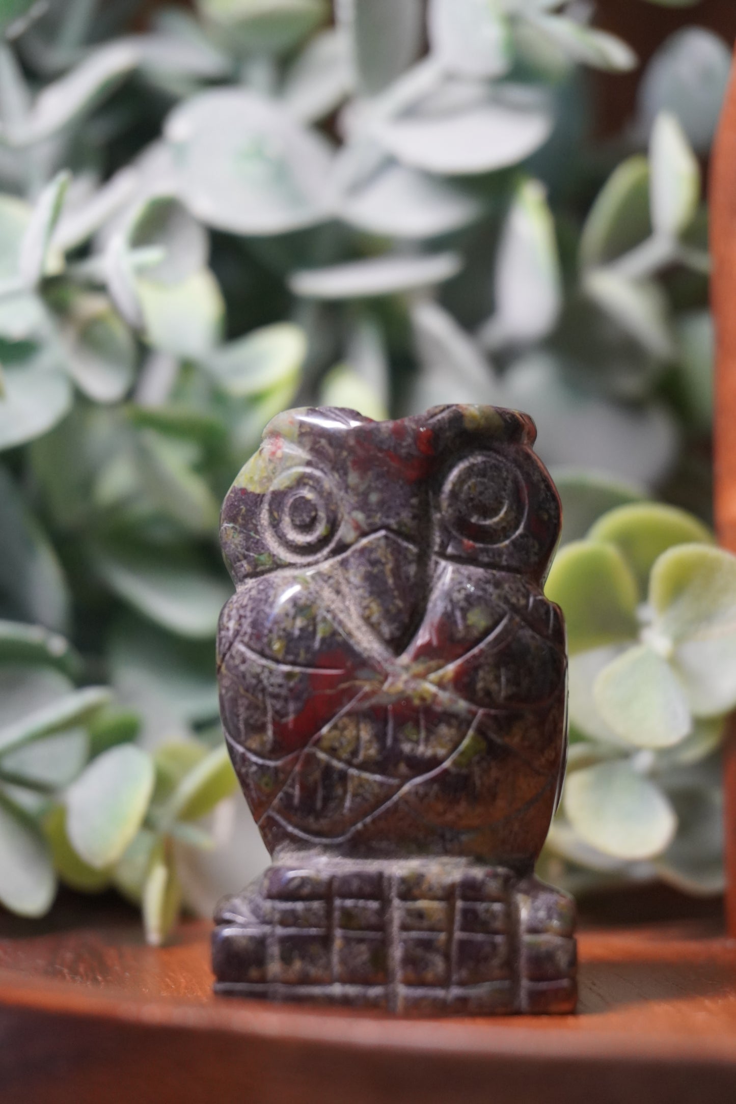 Bloodstone or Crazy Lace Agate Owl Carving: Healing, Protection, Joy, and Stability