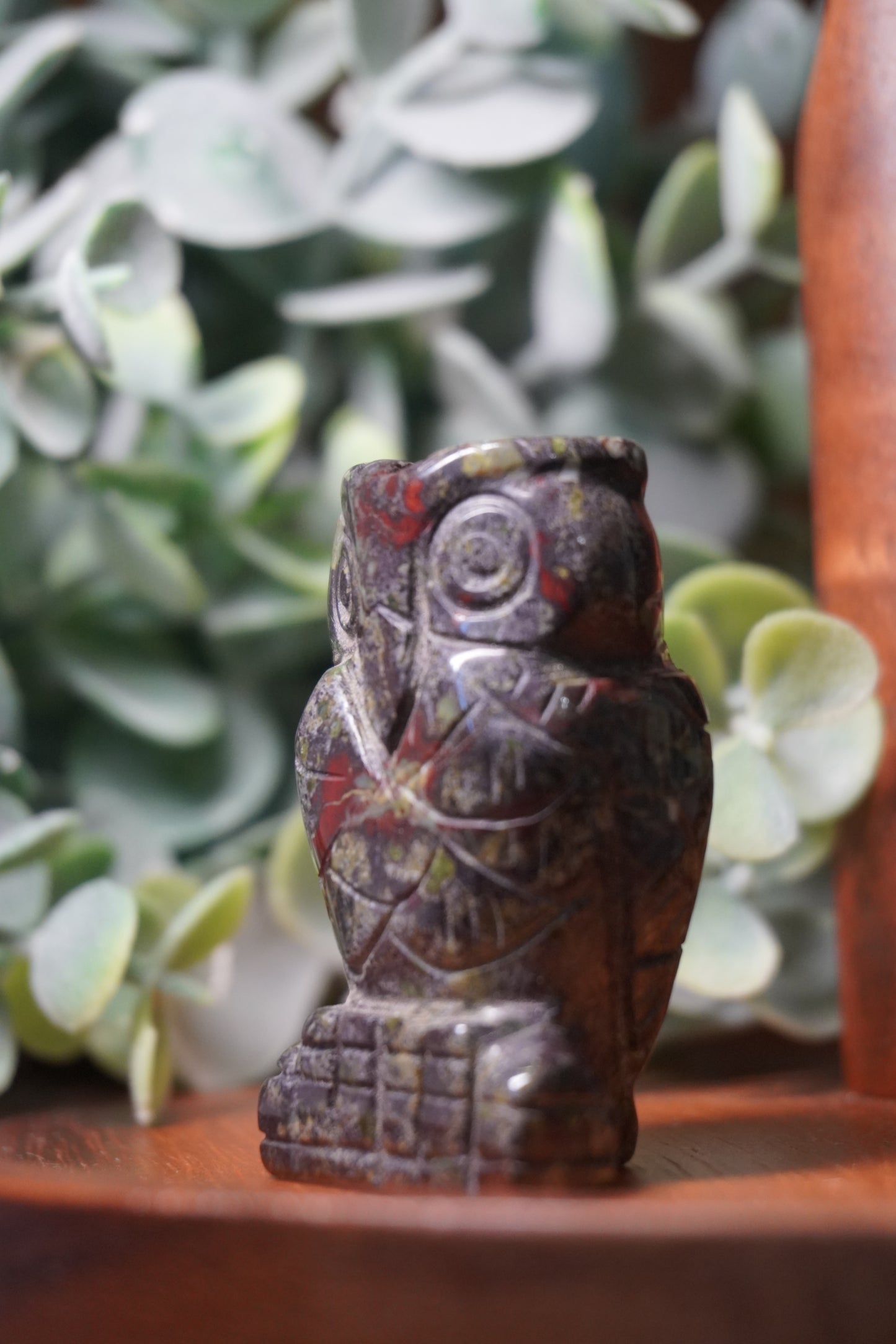 Bloodstone or Crazy Lace Agate Owl Carving: Healing, Protection, Joy, and Stability