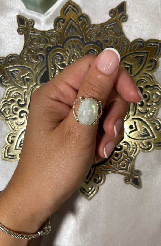 Rainbow Moonstone Ring: Intuition and Balance