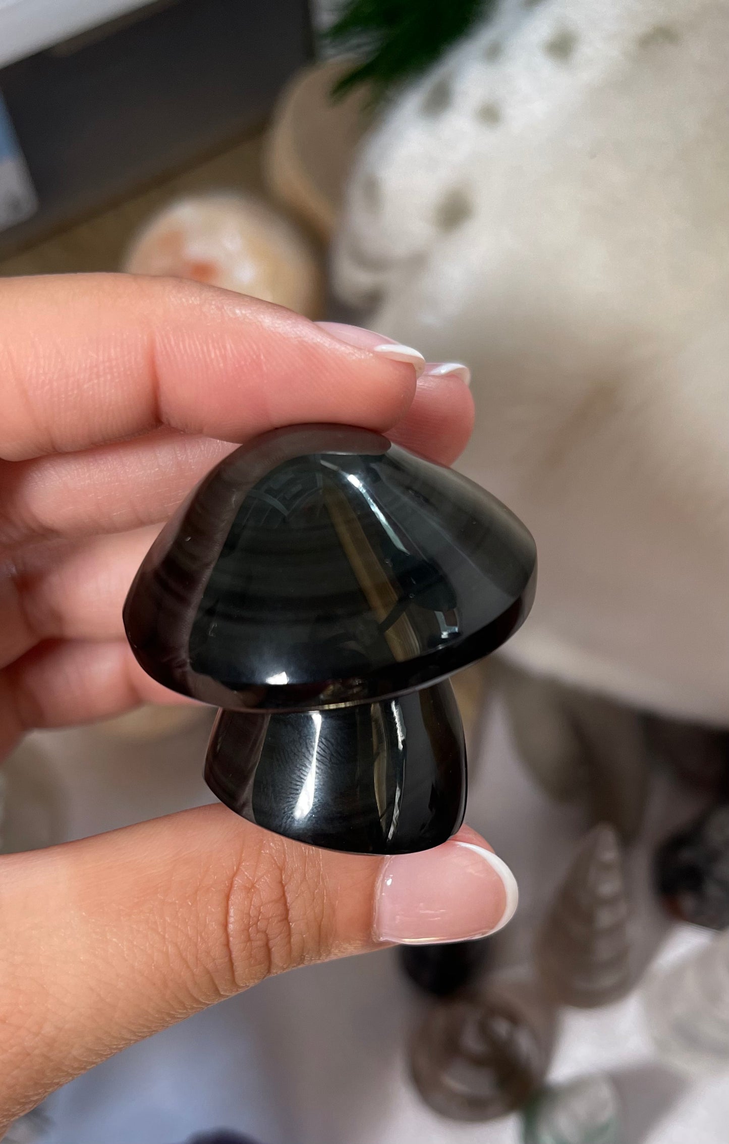 Silver Sheen Obsidian Mushroom Carving (Small) Approximately 1.5"