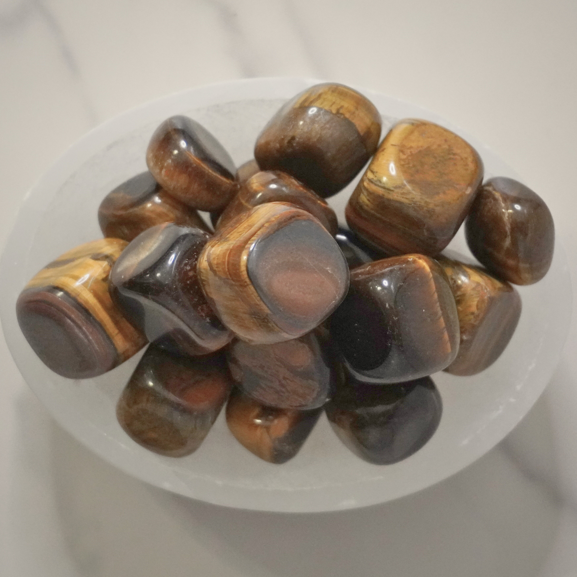 A top-down view of polished Tiger's Eye tumbles in a white bowl, focusing on the stone's reflective surface and grounding energy.